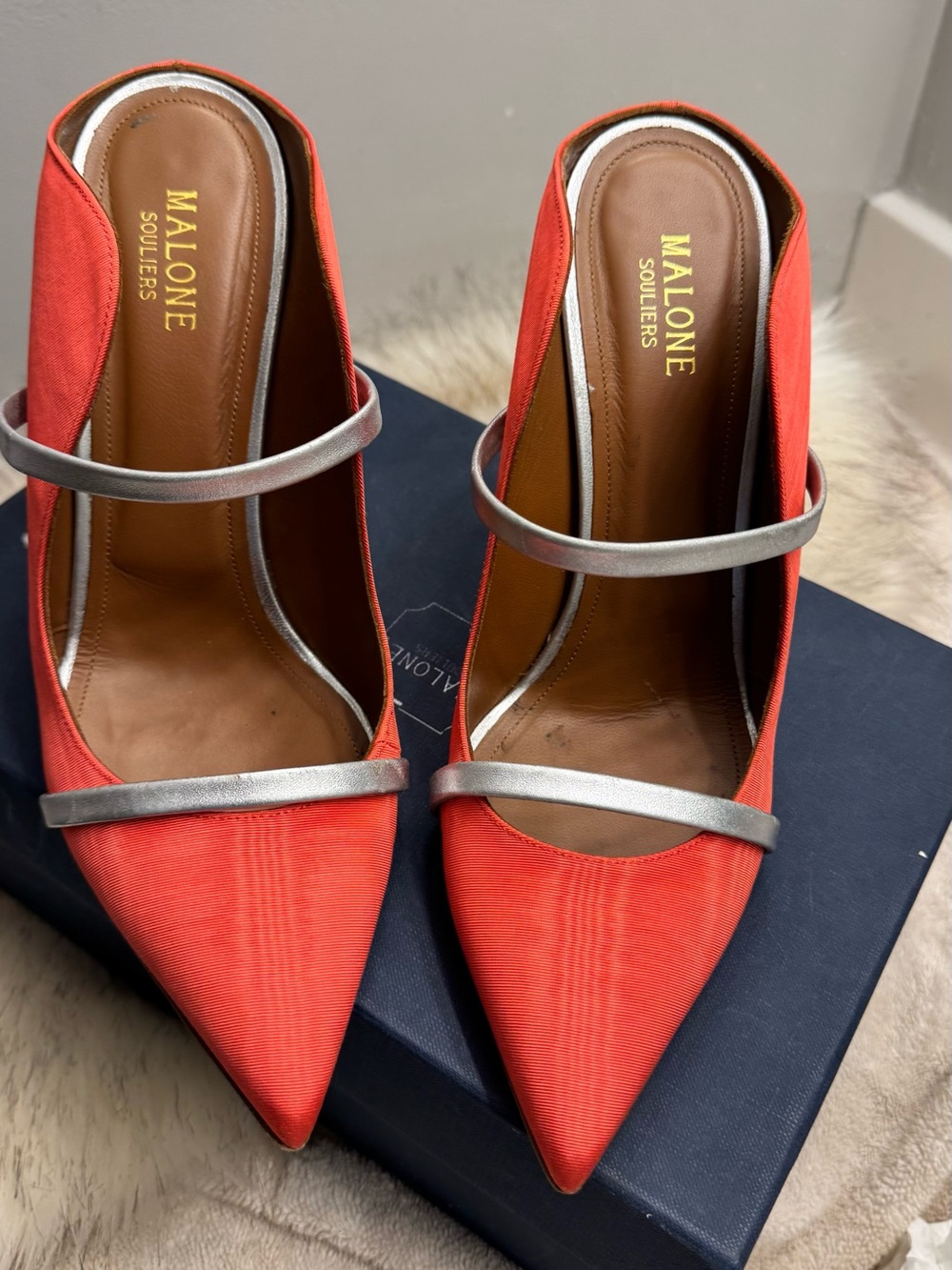 Malone Souliers Coral-Red Pointed Toe Double Strap Pumps